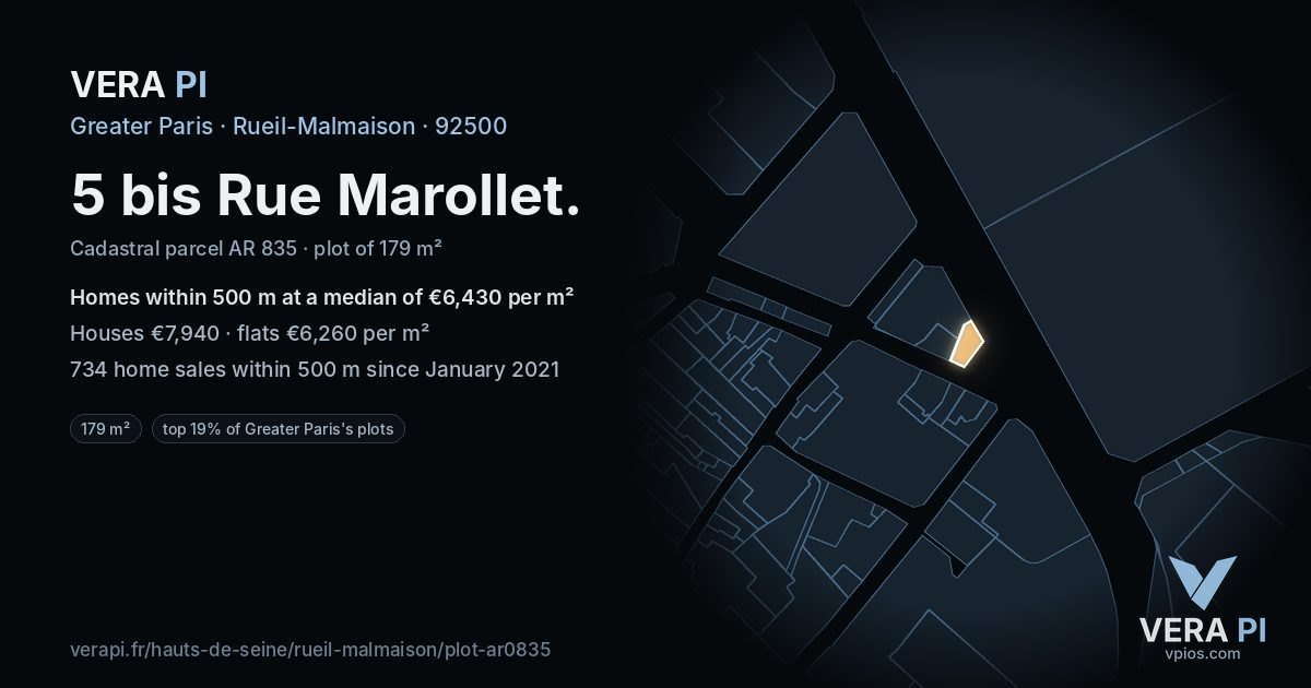 5 bis Rue Marollet, Rueil-Malmaison at night – the plot lit, the parcels around coloured by the prices near them