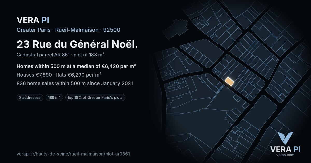 23 Rue du Général Noël, Rueil-Malmaison at night – the plot lit, the parcels around coloured by the prices near them