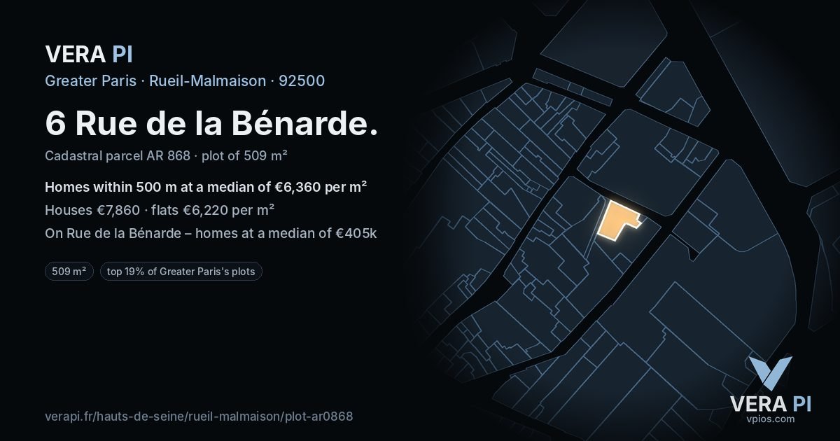 6 Rue de la Bénarde, Rueil-Malmaison at night – the plot lit, the parcels around coloured by the prices near them
