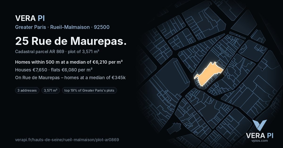 25 Rue de Maurepas, Rueil-Malmaison at night – the plot lit, the parcels around coloured by the prices near them