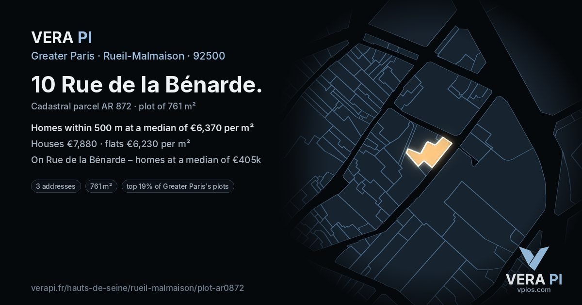 10 Rue de la Bénarde, Rueil-Malmaison at night – the plot lit, the parcels around coloured by the prices near them