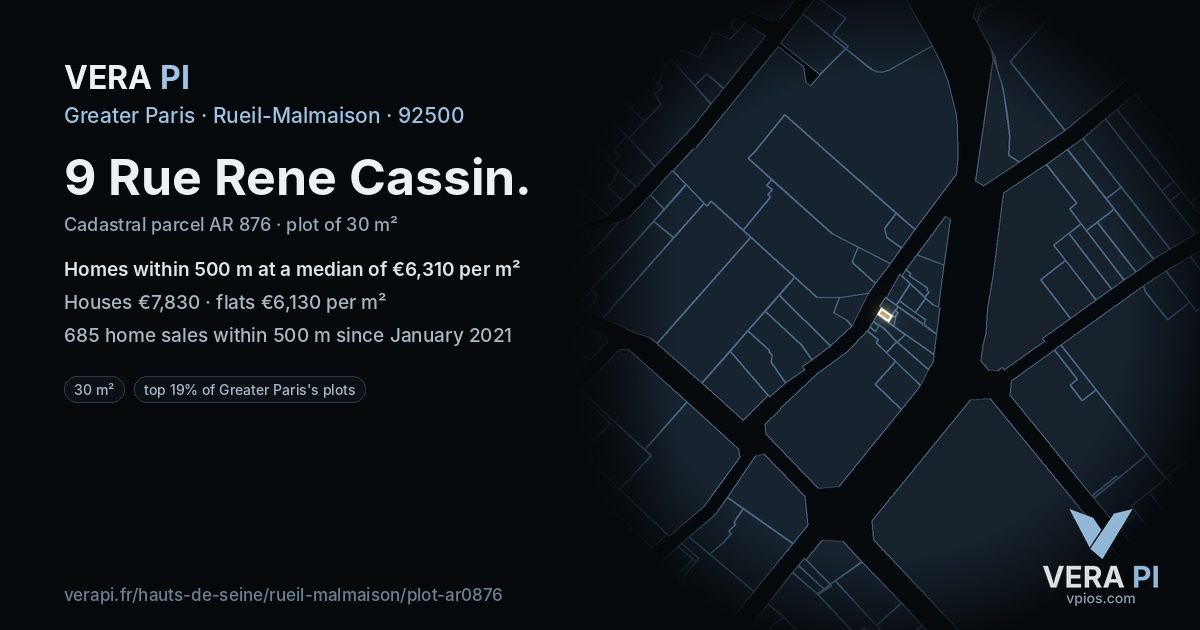 9 Rue Rene Cassin, Rueil-Malmaison at night – the plot lit, the parcels around coloured by the prices near them