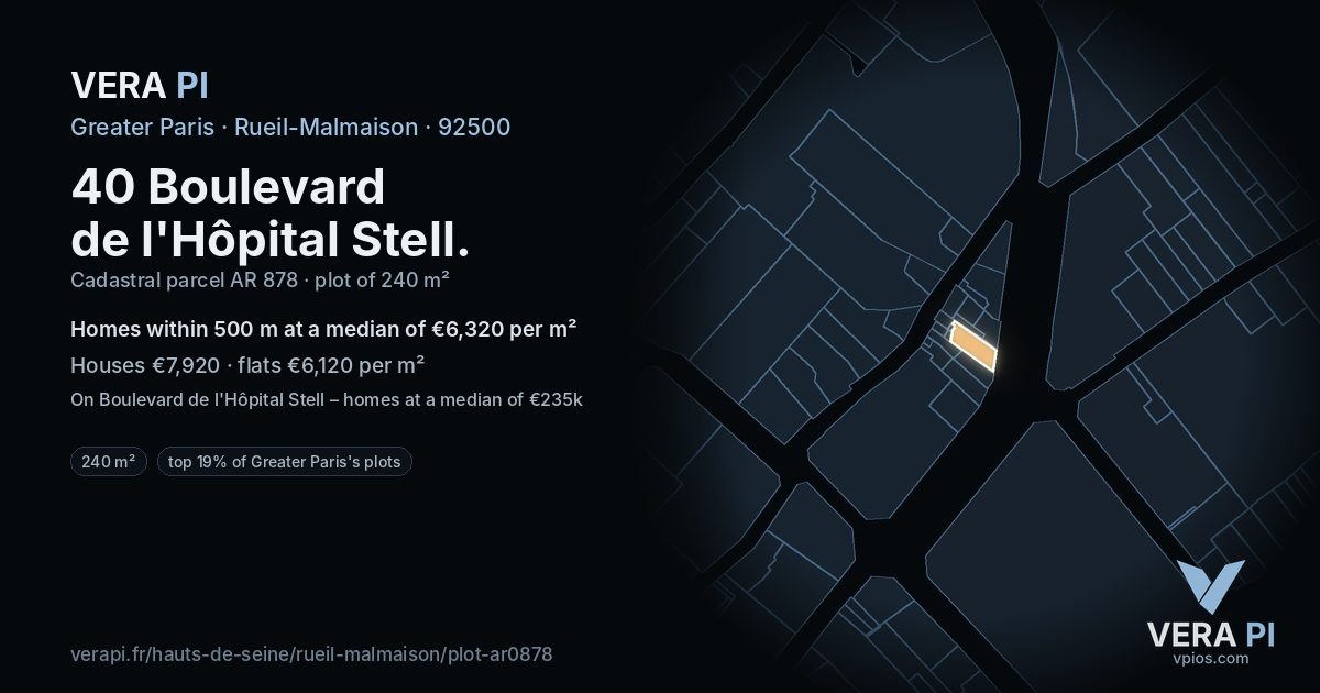 40 Boulevard de l'Hôpital Stell, Rueil-Malmaison at night – the plot lit, the parcels around coloured by the prices near them