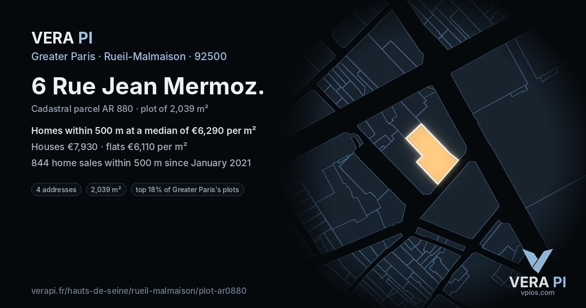 6 Rue Jean Mermoz, Rueil-Malmaison at night – the plot lit, the parcels around coloured by the prices near them