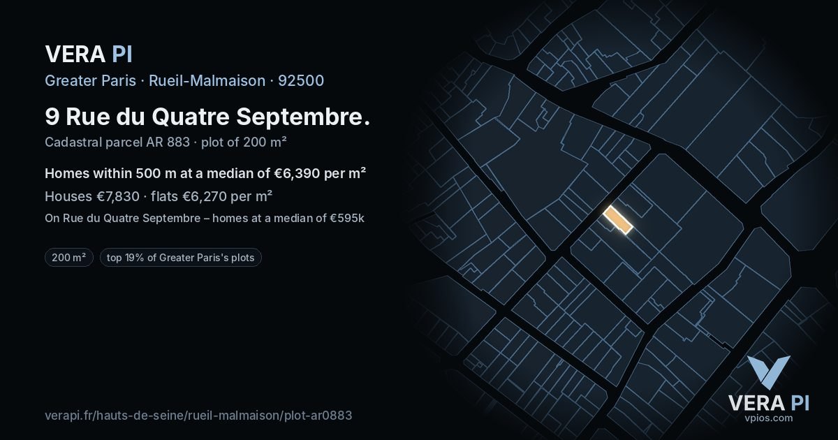 9 Rue du Quatre Septembre, Rueil-Malmaison at night – the plot lit, the parcels around coloured by the prices near them