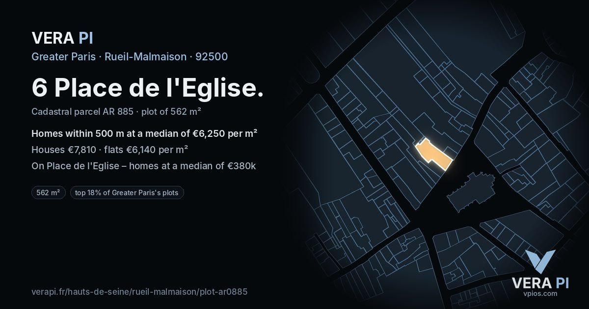 6 Place de l'Eglise, Rueil-Malmaison at night – the plot lit, the parcels around coloured by the prices near them