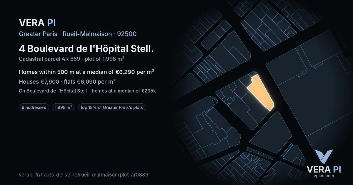 4 Boulevard de l'Hôpital Stell, Rueil-Malmaison at night – the plot lit, the parcels around coloured by the prices near them
