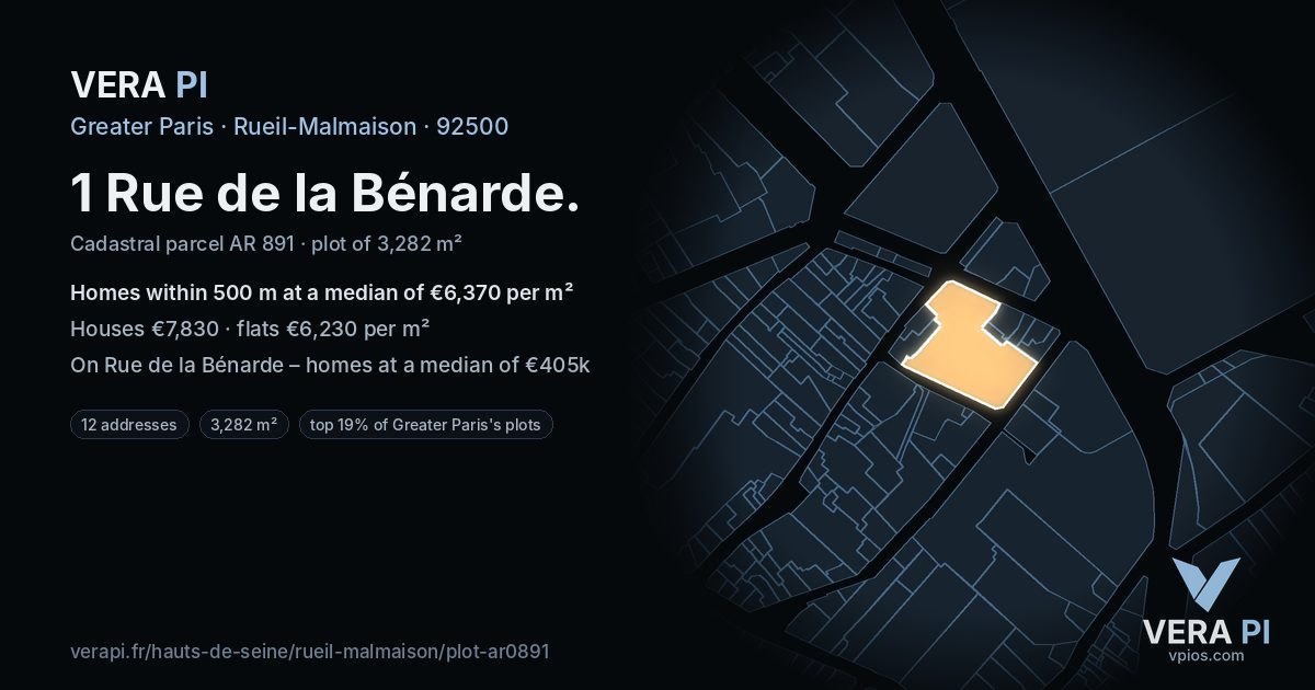 1 Rue de la Bénarde, Rueil-Malmaison at night – the plot lit, the parcels around coloured by the prices near them