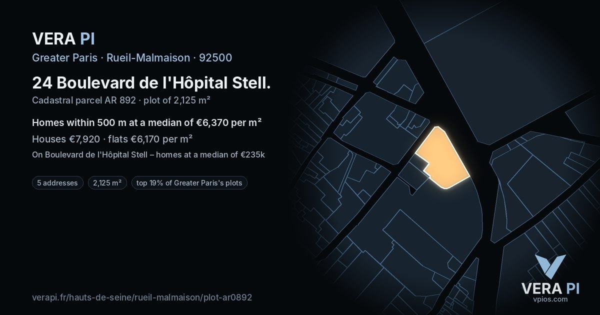 24 Boulevard de l'Hôpital Stell, Rueil-Malmaison at night – the plot lit, the parcels around coloured by the prices near them