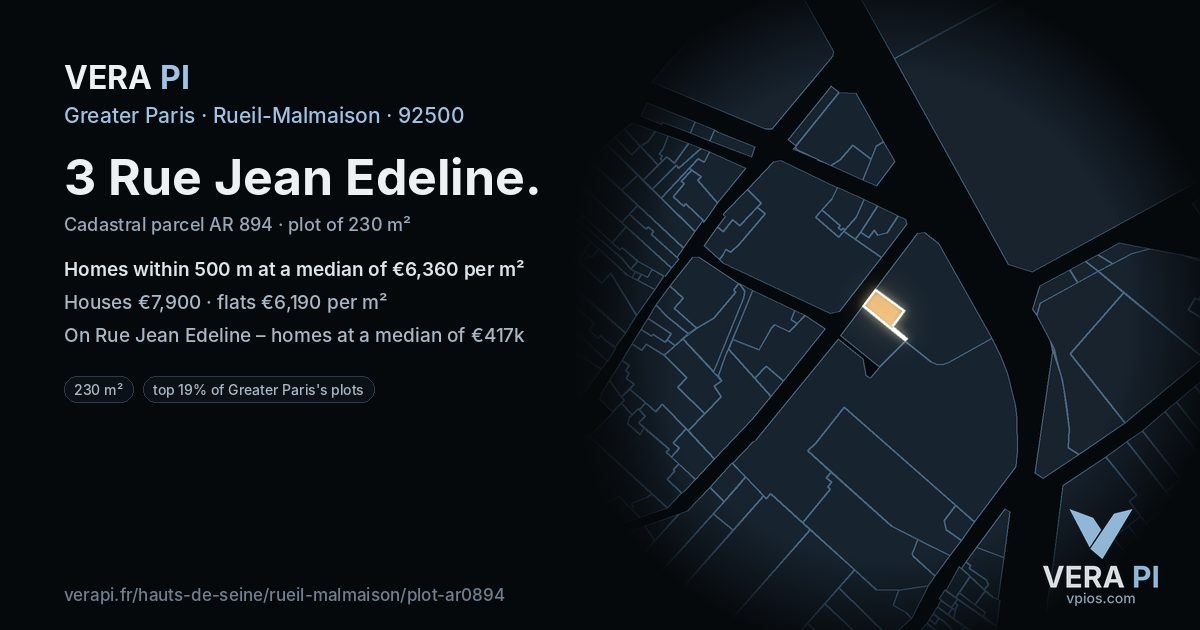 3 Rue Jean Edeline, Rueil-Malmaison at night – the plot lit, the parcels around coloured by the prices near them
