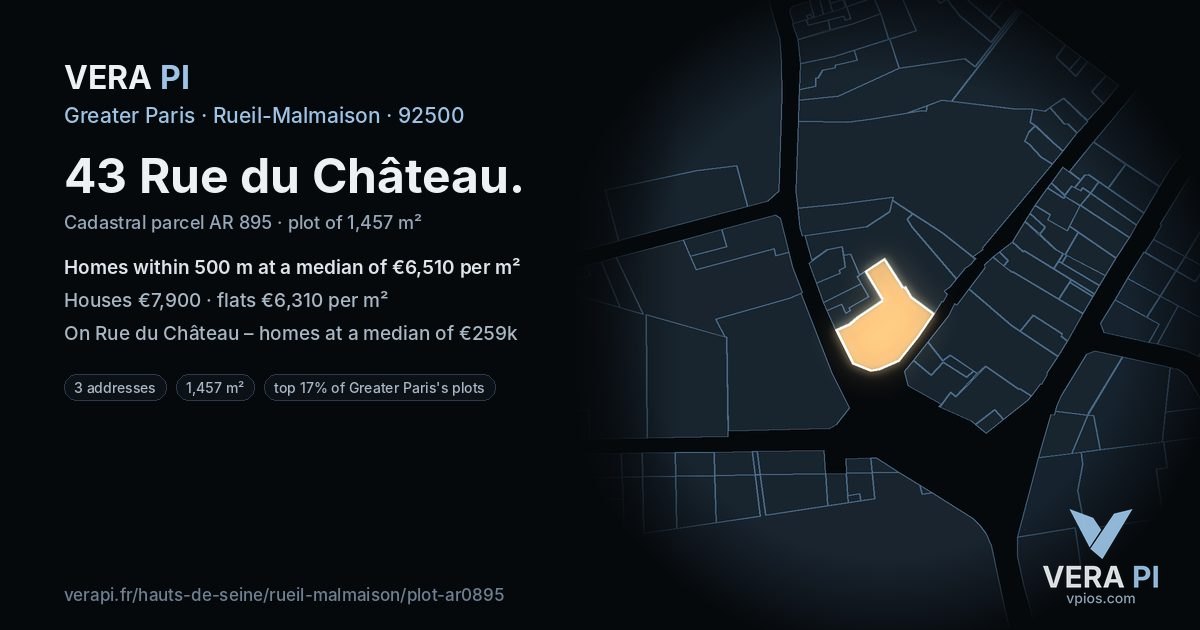 43 Rue du Château, Rueil-Malmaison at night – the plot lit, the parcels around coloured by the prices near them