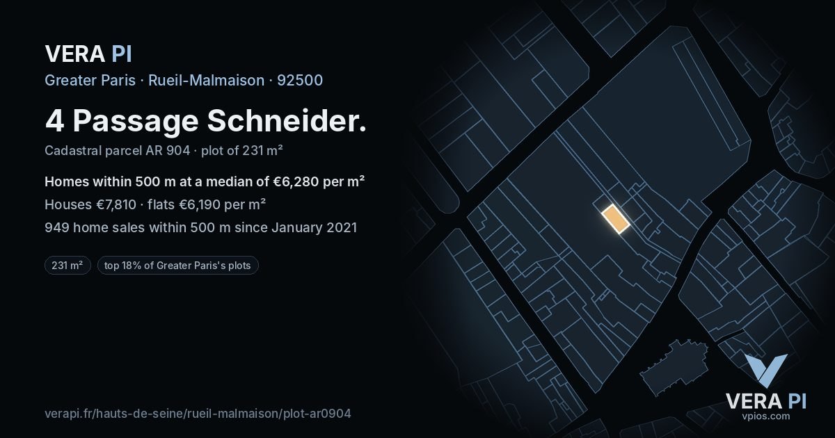 4 Passage Schneider, Rueil-Malmaison at night – the plot lit, the parcels around coloured by the prices near them