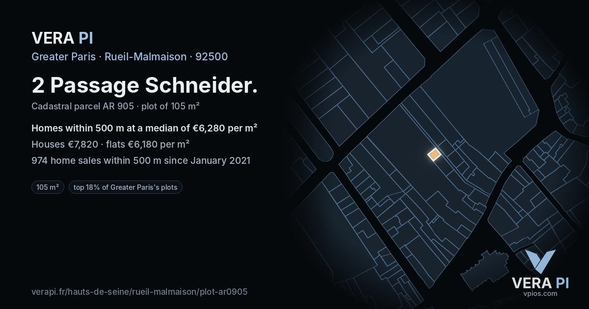 2 Passage Schneider, Rueil-Malmaison at night – the plot lit, the parcels around coloured by the prices near them