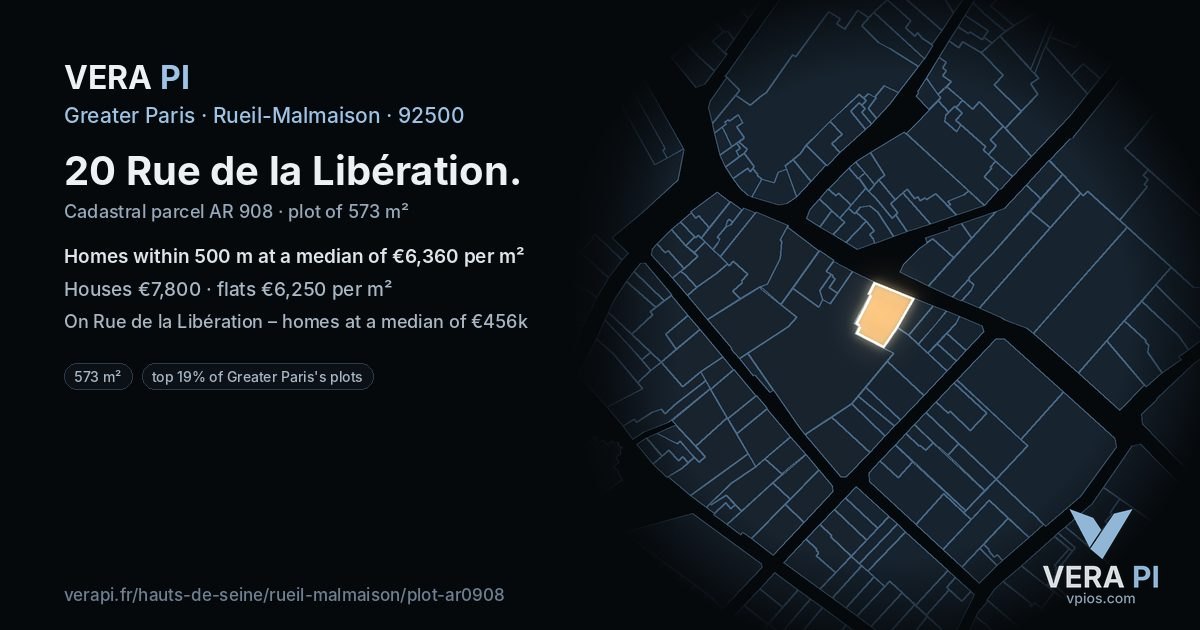 20 Rue de la Libération, Rueil-Malmaison at night – the plot lit, the parcels around coloured by the prices near them