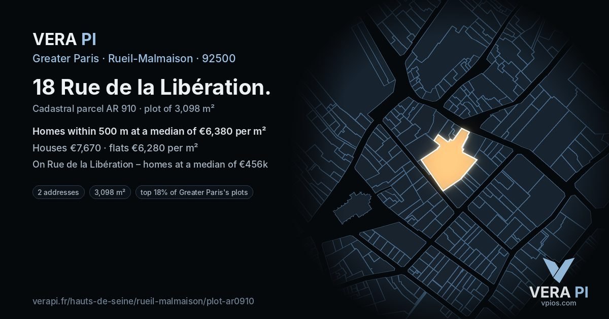 18 Rue de la Libération, Rueil-Malmaison at night – the plot lit, the parcels around coloured by the prices near them