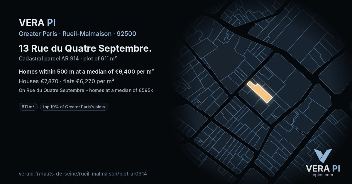 13 Rue du Quatre Septembre, Rueil-Malmaison at night – the plot lit, the parcels around coloured by the prices near them