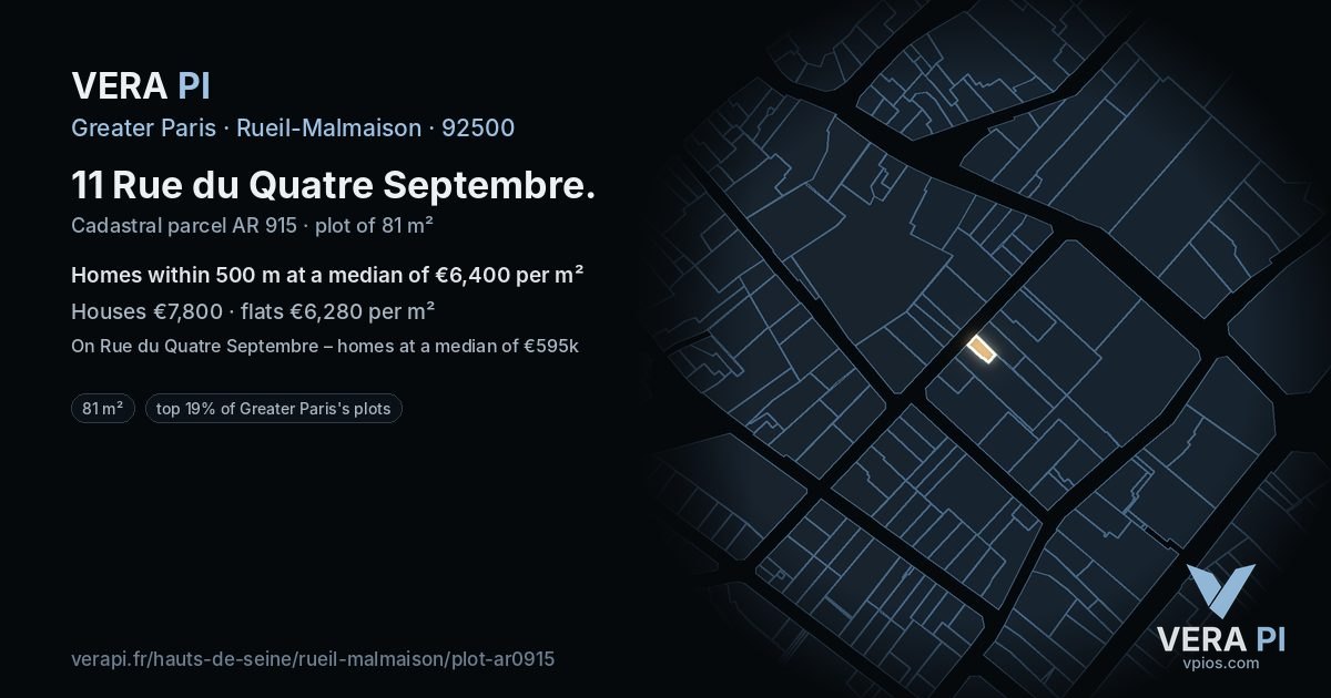 11 Rue du Quatre Septembre, Rueil-Malmaison at night – the plot lit, the parcels around coloured by the prices near them