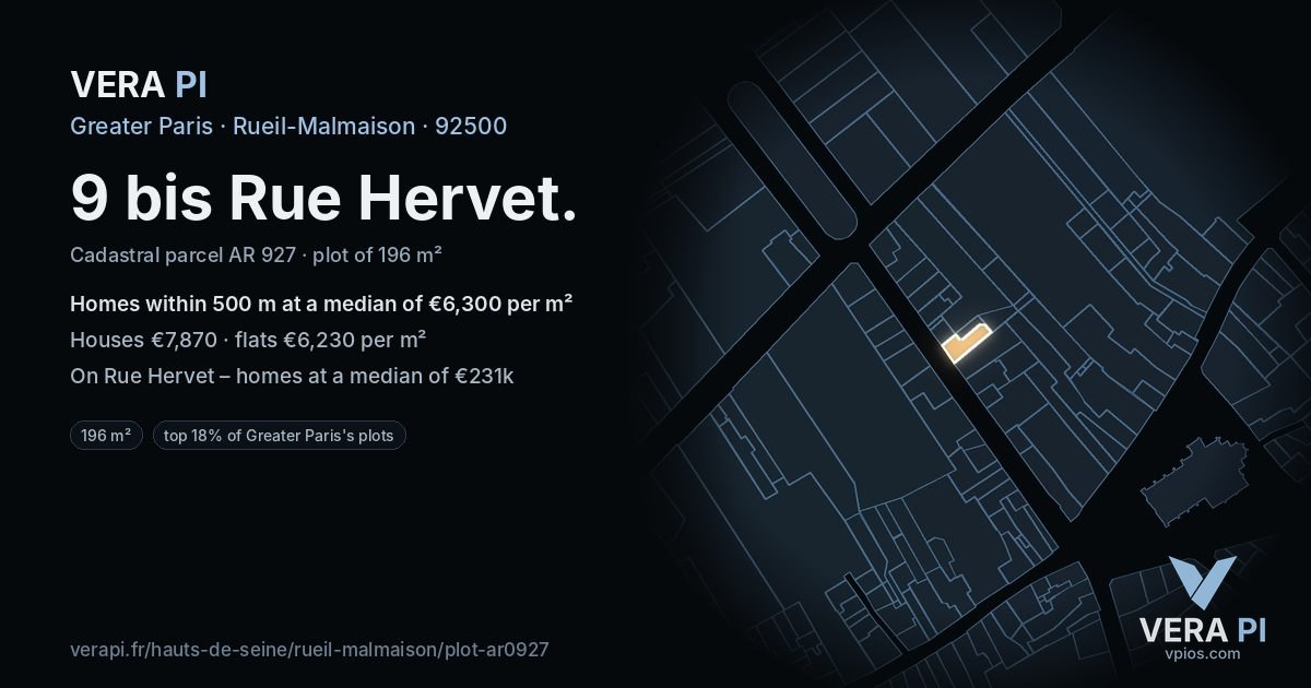 9 bis Rue Hervet, Rueil-Malmaison at night – the plot lit, the parcels around coloured by the prices near them