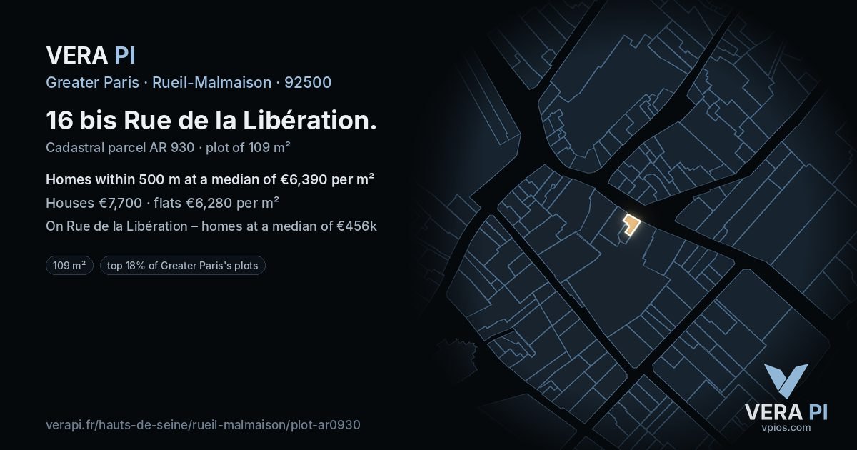 16 bis Rue de la Libération, Rueil-Malmaison at night – the plot lit, the parcels around coloured by the prices near them