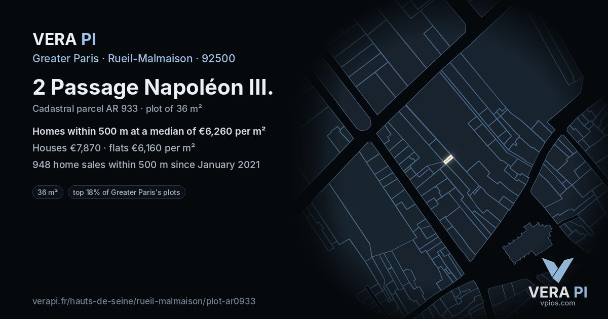 2 Passage Napoléon III, Rueil-Malmaison at night – the plot lit, the parcels around coloured by the prices near them