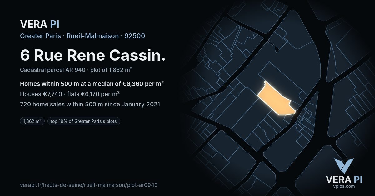 6 Rue Rene Cassin, Rueil-Malmaison at night – the plot lit, the parcels around coloured by the prices near them