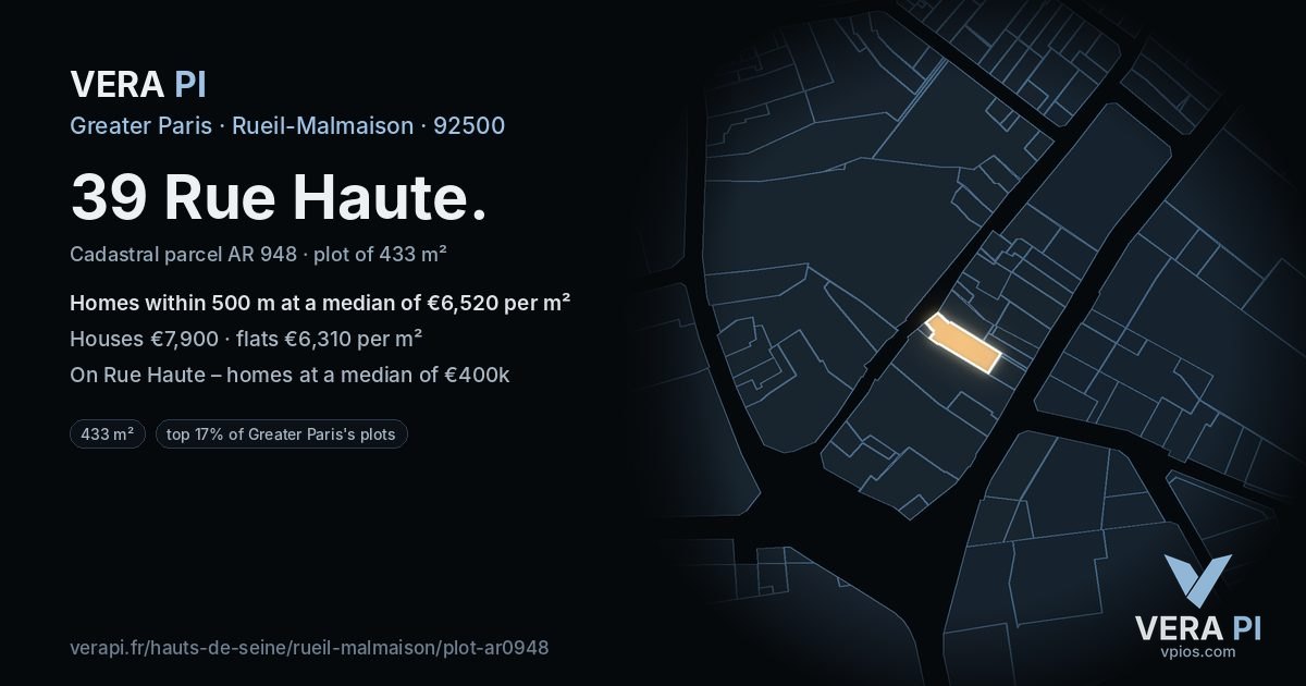39 Rue Haute, Rueil-Malmaison at night – the plot lit, the parcels around coloured by the prices near them