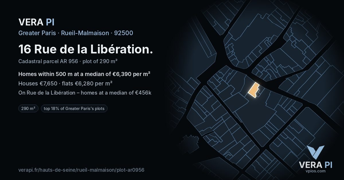16 Rue de la Libération, Rueil-Malmaison at night – the plot lit, the parcels around coloured by the prices near them