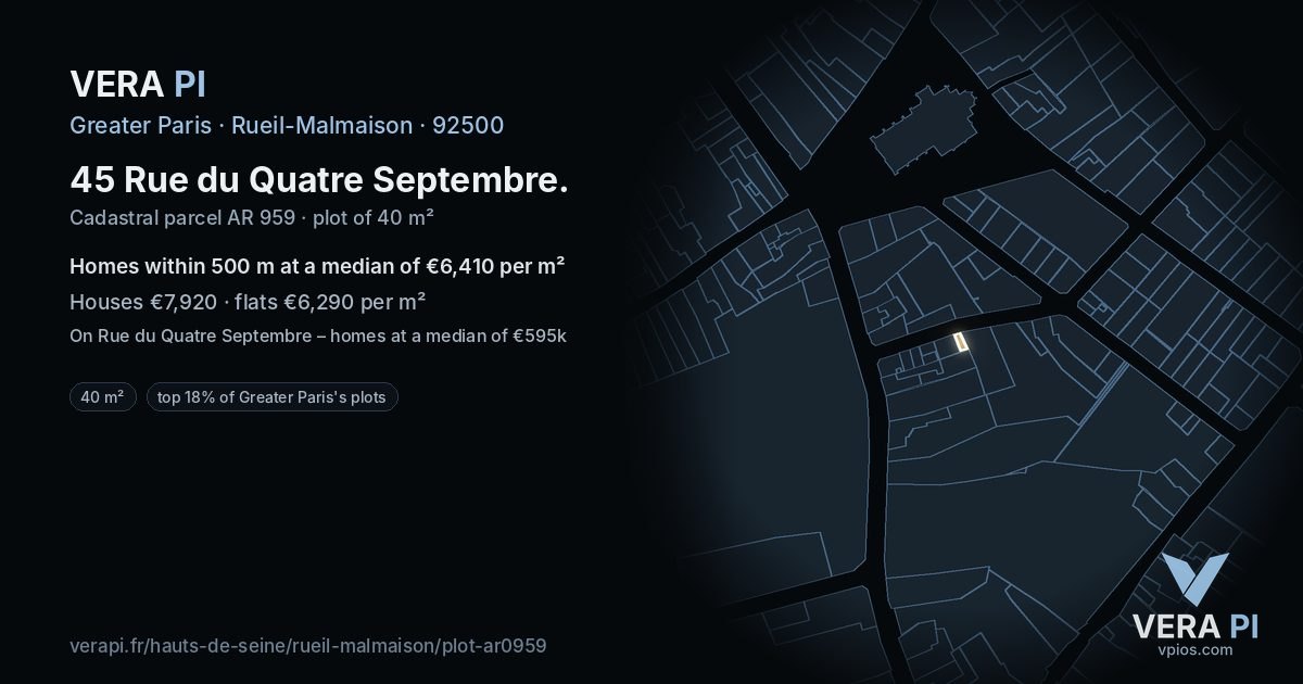 45 Rue du Quatre Septembre, Rueil-Malmaison at night – the plot lit, the parcels around coloured by the prices near them