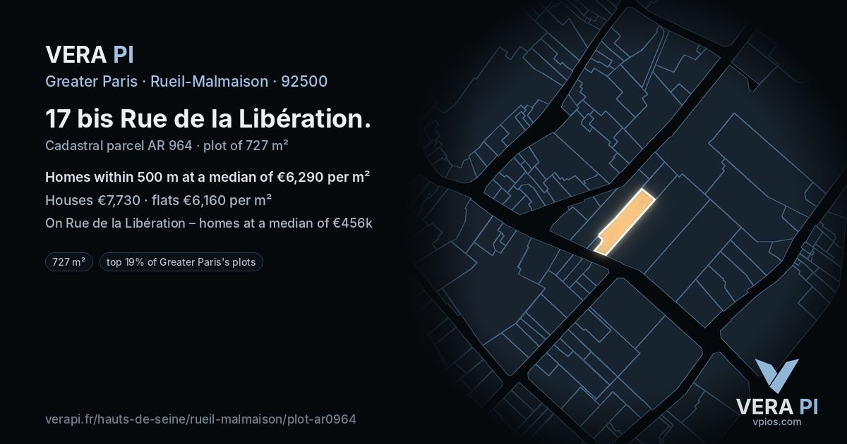 17 bis Rue de la Libération, Rueil-Malmaison at night – the plot lit, the parcels around coloured by the prices near them
