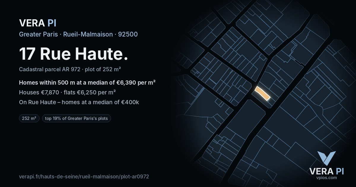 17 Rue Haute, Rueil-Malmaison at night – the plot lit, the parcels around coloured by the prices near them