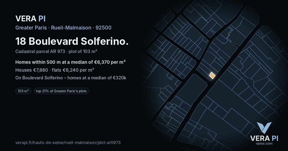 18 Boulevard Solferino, Rueil-Malmaison at night – the plot lit, the parcels around coloured by the prices near them