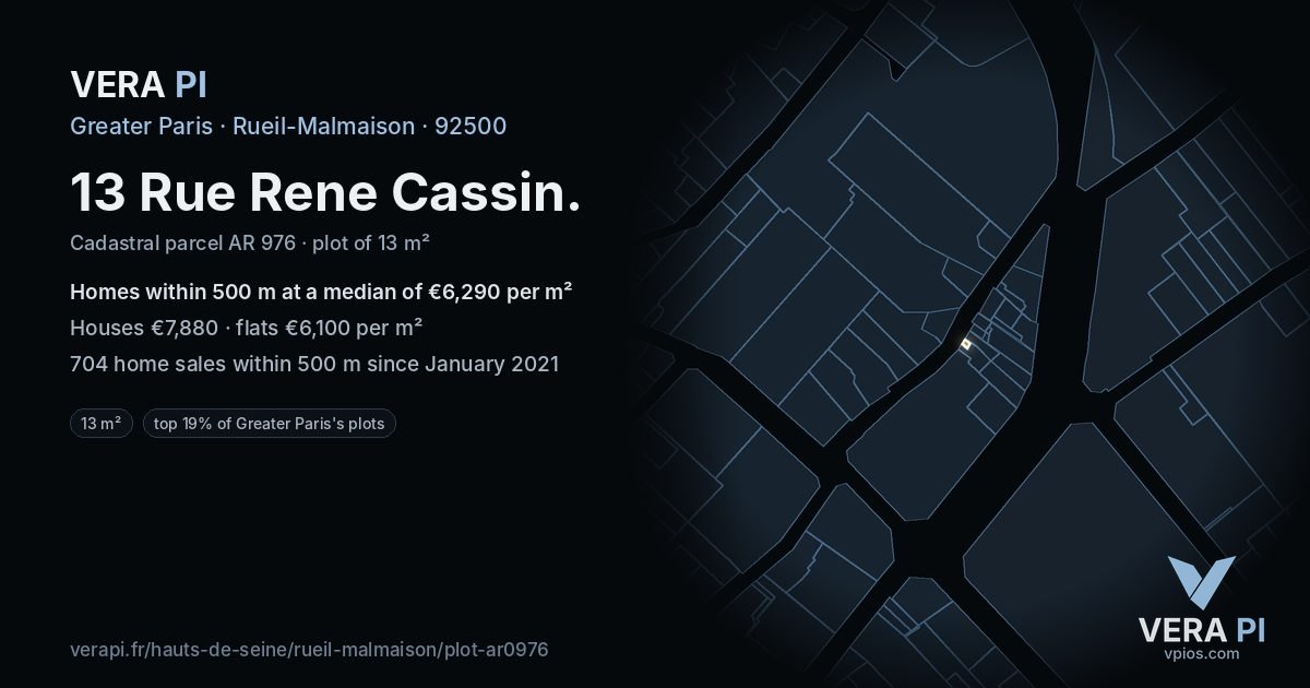 13 Rue Rene Cassin, Rueil-Malmaison at night – the plot lit, the parcels around coloured by the prices near them