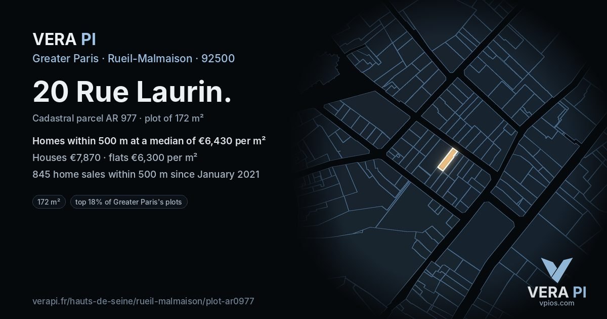 20 Rue Laurin, Rueil-Malmaison at night – the plot lit, the parcels around coloured by the prices near them