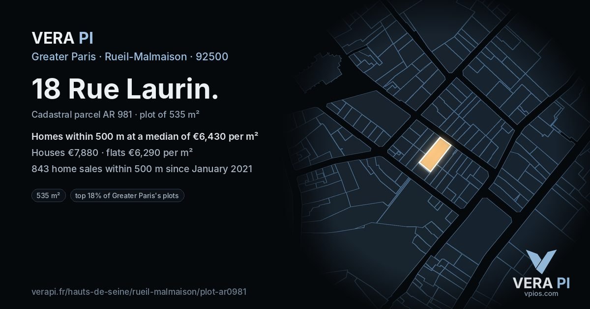 18 Rue Laurin, Rueil-Malmaison at night – the plot lit, the parcels around coloured by the prices near them