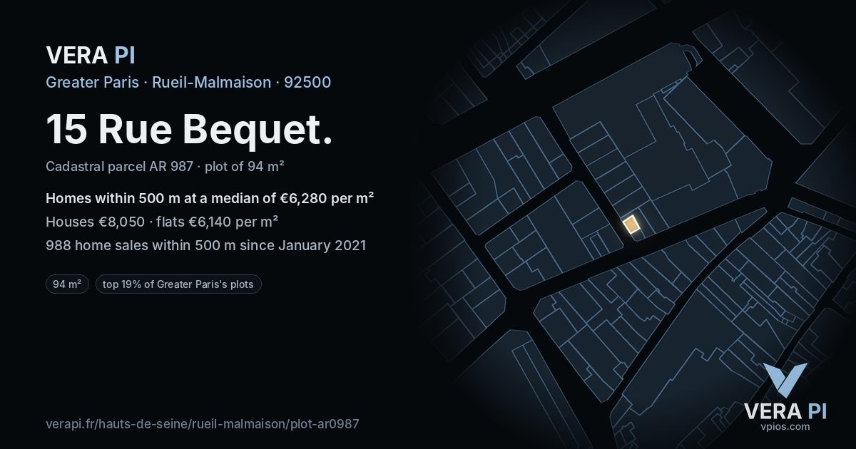 15 Rue Bequet, Rueil-Malmaison at night – the plot lit, the parcels around coloured by the prices near them