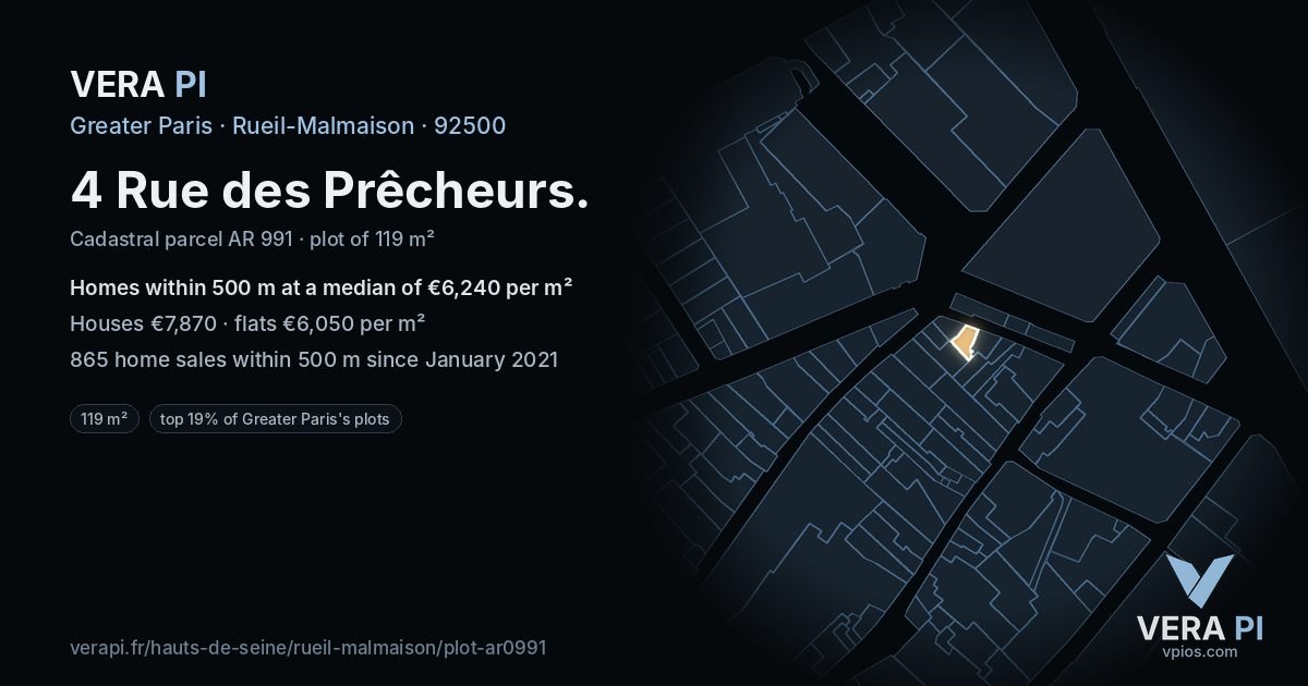 4 Rue des Prêcheurs, Rueil-Malmaison at night – the plot lit, the parcels around coloured by the prices near them