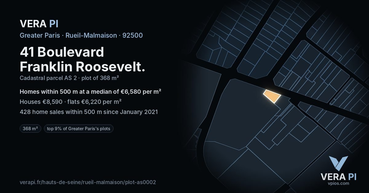41 Boulevard Franklin Roosevelt, Rueil-Malmaison at night – the plot lit, the parcels around coloured by the prices near them