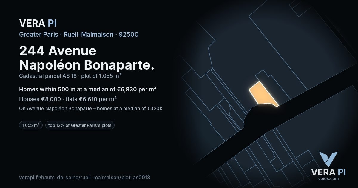 244 Avenue Napoléon Bonaparte, Rueil-Malmaison at night – the plot lit, the parcels around coloured by the prices near them