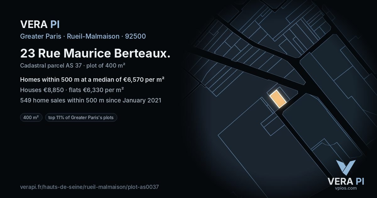 23 Rue Maurice Berteaux, Rueil-Malmaison at night – the plot lit, the parcels around coloured by the prices near them