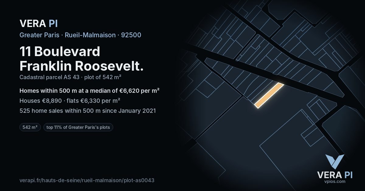11 Boulevard Franklin Roosevelt, Rueil-Malmaison at night – the plot lit, the parcels around coloured by the prices near them