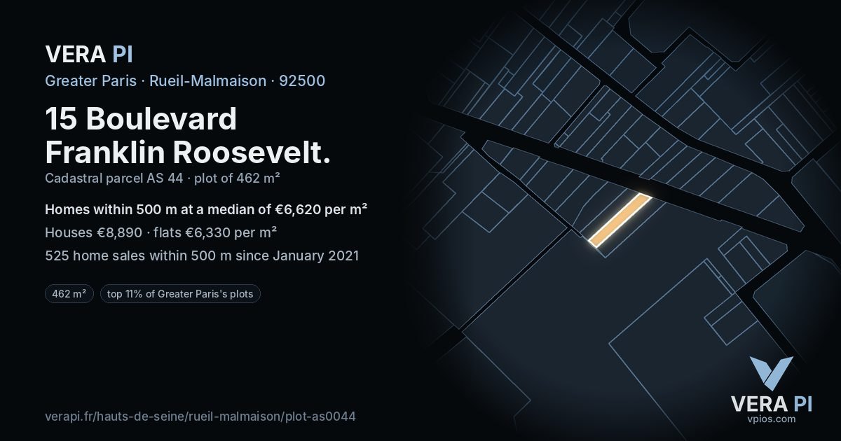 15 Boulevard Franklin Roosevelt, Rueil-Malmaison at night – the plot lit, the parcels around coloured by the prices near them