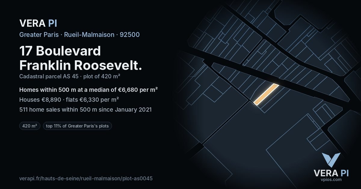 17 Boulevard Franklin Roosevelt, Rueil-Malmaison at night – the plot lit, the parcels around coloured by the prices near them