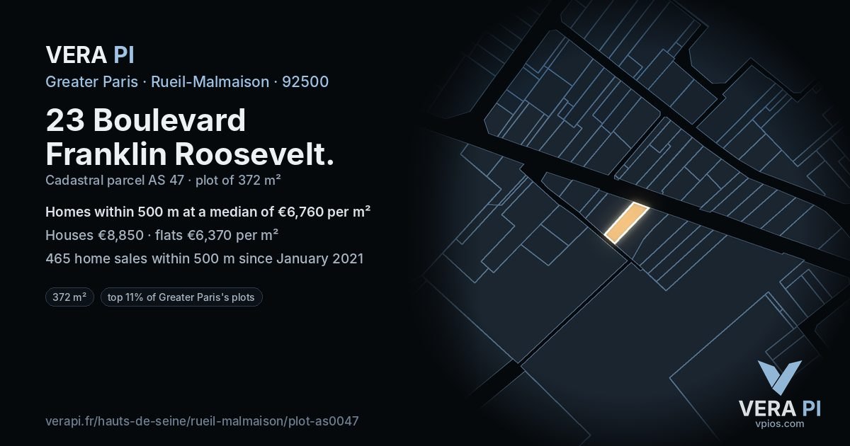 23 Boulevard Franklin Roosevelt, Rueil-Malmaison at night – the plot lit, the parcels around coloured by the prices near them