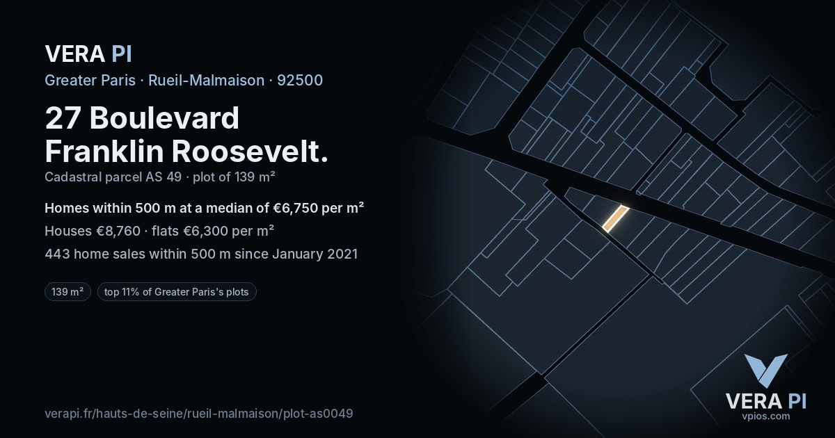 27 Boulevard Franklin Roosevelt, Rueil-Malmaison at night – the plot lit, the parcels around coloured by the prices near them