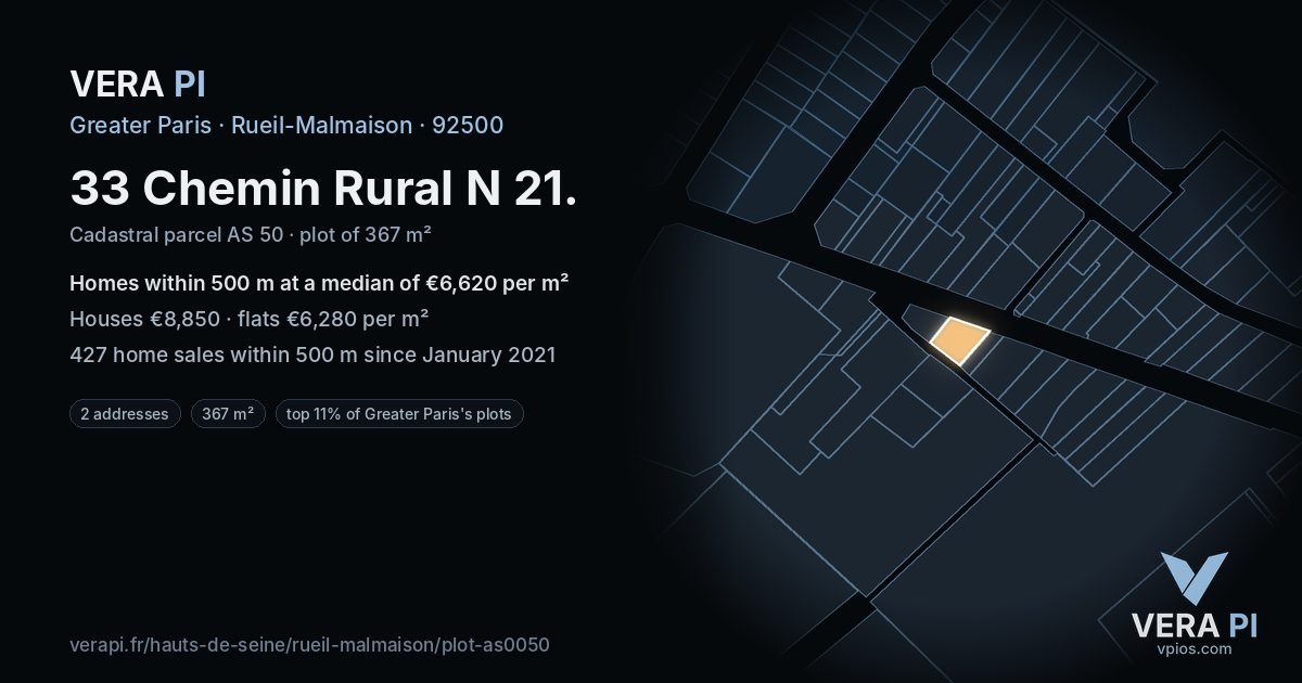 33 Chemin Rural N 21, Rueil-Malmaison at night – the plot lit, the parcels around coloured by the prices near them
