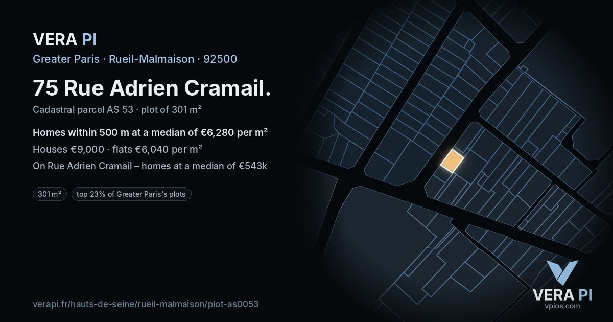 75 Rue Adrien Cramail, Rueil-Malmaison at night – the plot lit, the parcels around coloured by the prices near them