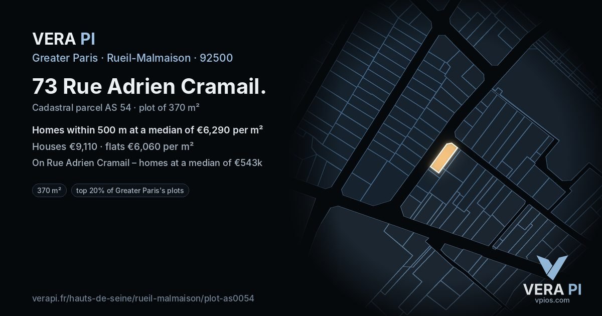 73 Rue Adrien Cramail, Rueil-Malmaison at night – the plot lit, the parcels around coloured by the prices near them