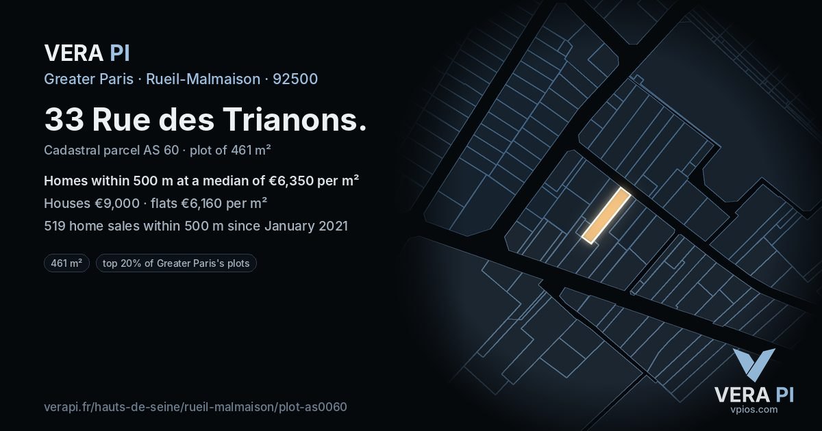 33 Rue des Trianons, Rueil-Malmaison at night – the plot lit, the parcels around coloured by the prices near them