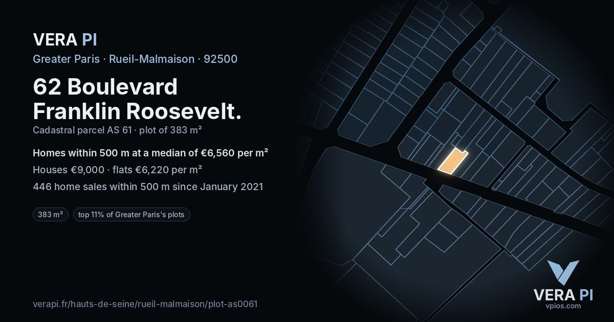 62 Boulevard Franklin Roosevelt, Rueil-Malmaison at night – the plot lit, the parcels around coloured by the prices near them