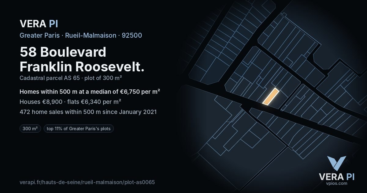 58 Boulevard Franklin Roosevelt, Rueil-Malmaison at night – the plot lit, the parcels around coloured by the prices near them